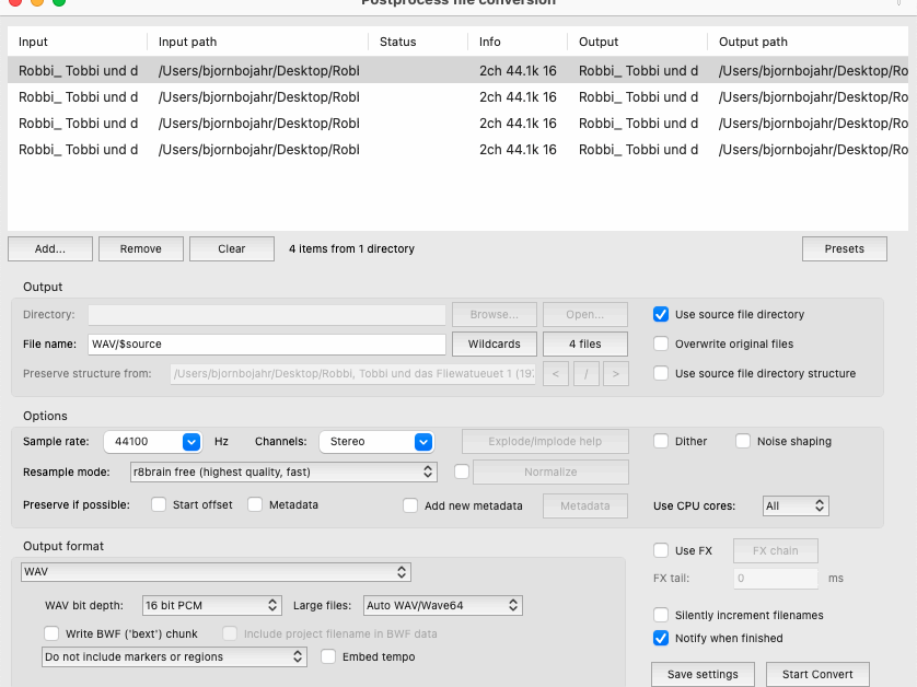 06_Reaper Post Process File Conversion Wenn aus einem Vorgang mehrere Dateien im Tempo angepasst werden soll, ist Reaper mit dem Batch File / Item Converter eine tolle Lösung. Sample-Rate in den Dateien vorgeben, r8brain Free als