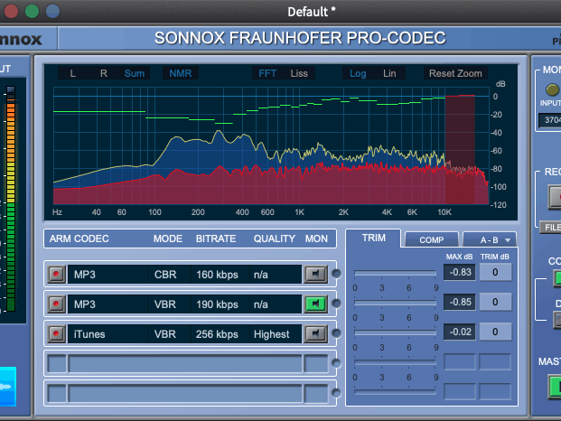 07_Fraunhofer Pro-Codec Sonnox Pro-Codec visualisiert Encoder-Unterschiede und Kompressionsartefakte. Mit einer Differenz-Funktion prüfst du da genau die Bestandteile, die später entfernt werden. Absolut genial für hochwertige und dennoch kleine Dateien! Trotzdem ein Tipp: immer auch als FLAC oder ALAC speichern, wer weiß schon, welche Formate in einigen Jahren genutzt werden…