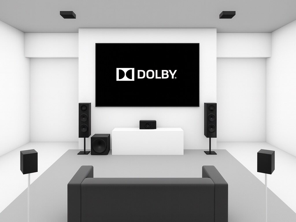 Dolby Atmos Render Modell eines Dolby-Atmos-Abhörraums: Das immersive Lautsprecher-Layout zeigt, wie Höhen- und Surround-Lautsprecher für eine konsistente 3D-Wiedergabe positioniert werden.