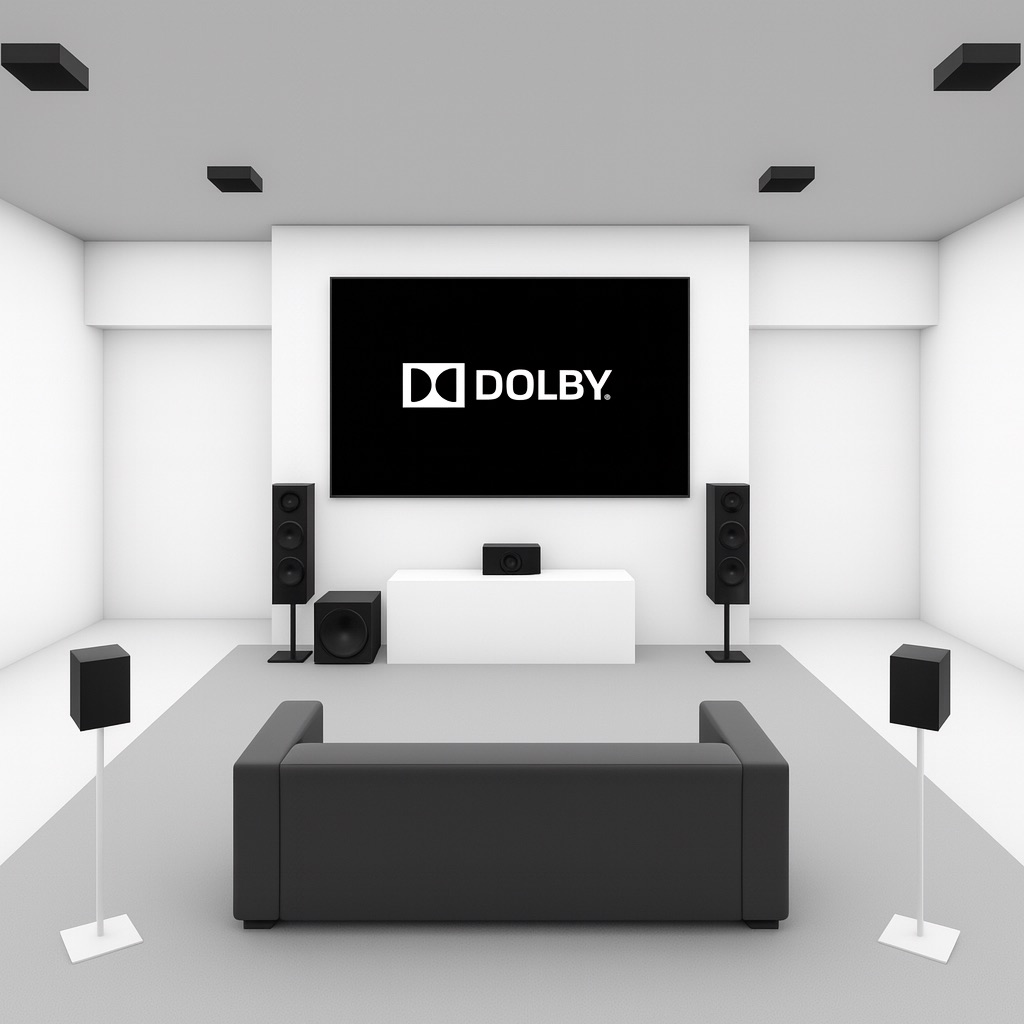 Modell eines Dolby-Atmos-Abhörraums: Das immersive Lautsprecher-Layout zeigt, wie Höhen- und Surround-Lautsprecher für eine konsistente 3D-Wiedergabe positioniert werden.