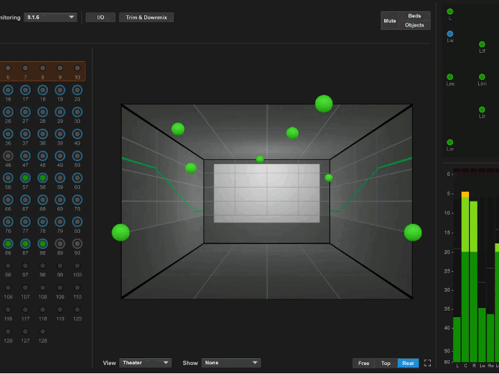 Dolby Atmos Renderer – 3D-Ansicht Die 3D-Visualisierung des Dolby Atmos Renderers zeigt die räumliche Platzierung von Objekt- und Bettkanälen – Grundlage für präzise Lokalisierung und Monitoring in immersiven Produktionen.